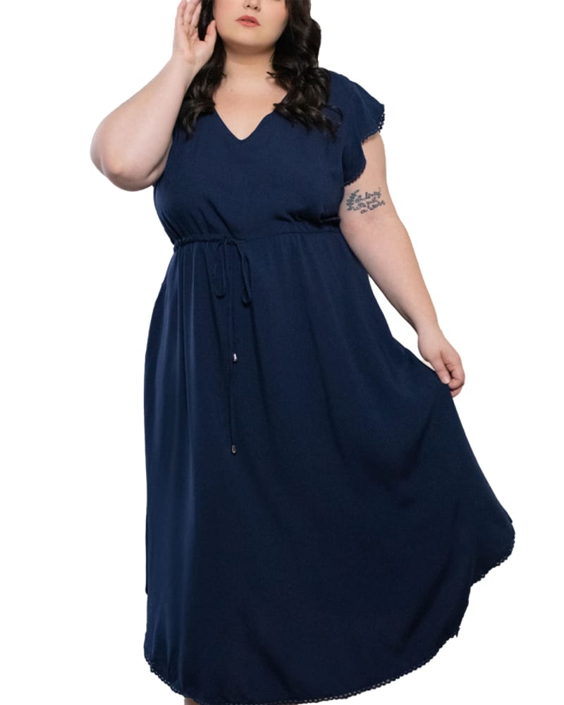 Front of a model wearing a size XL Charlie Midi Dress Short Sleeves Lace Trim in Navy by ANNICK. | dia_product_style_image_id:282072